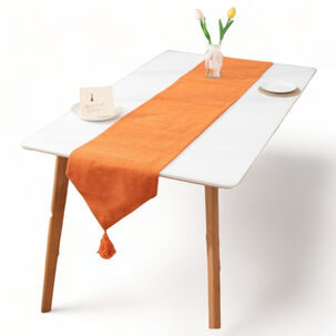 Camino De Mesa En Lino Medida 33x180cm Con Flecos Color Naranja