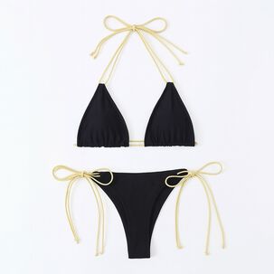 Traje Ba&ntilde;o Corte Alto Tiras Doradas Triangulo Sexy