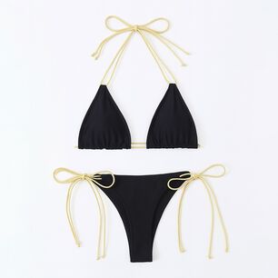 Traje Ba&ntilde;o Corte Alto Tiras Doradas Triangulo Sexy