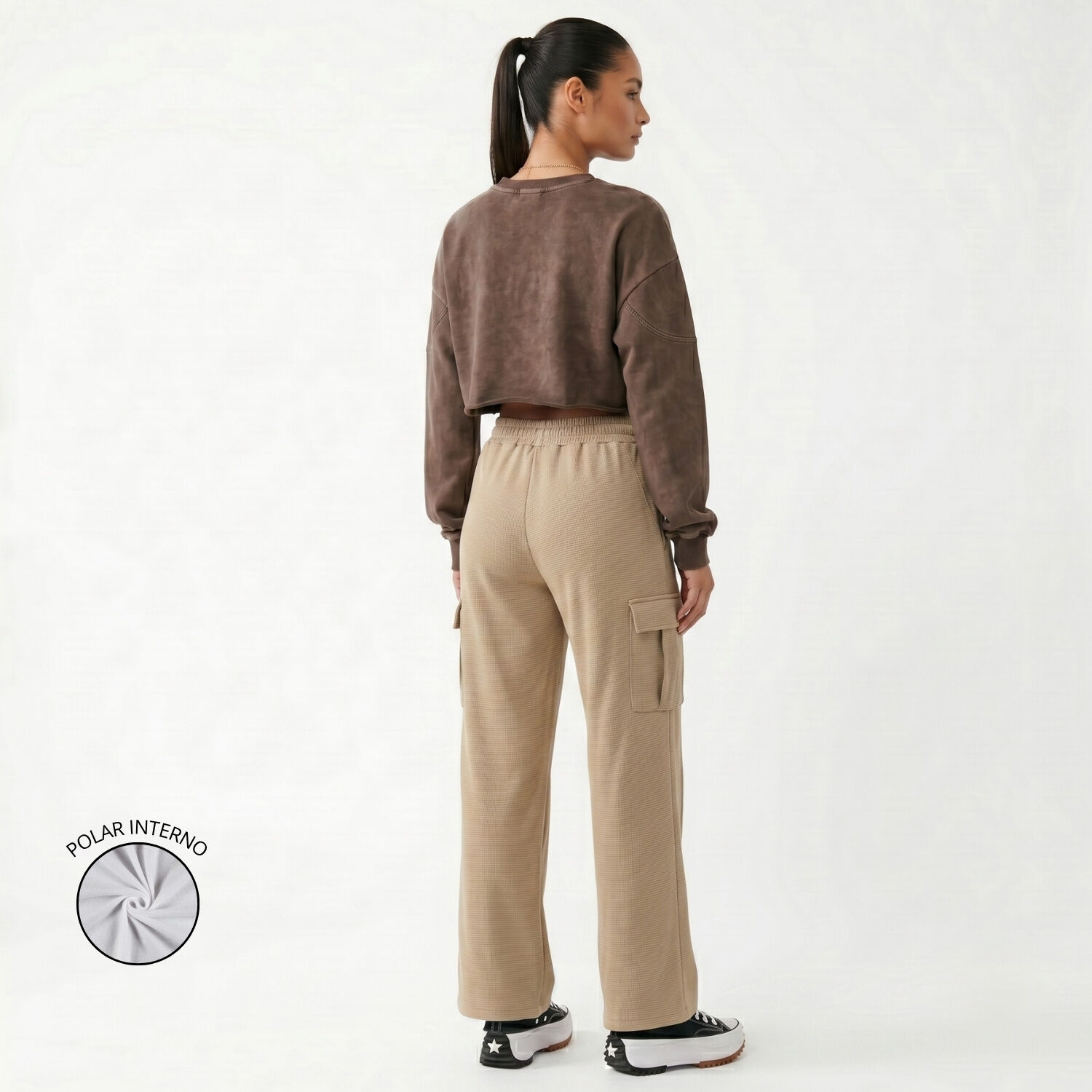 Pantalon Buzo Cargo Mujer Wide Leg Tiro Alto Con Cord&oacute;n image number 2.0
