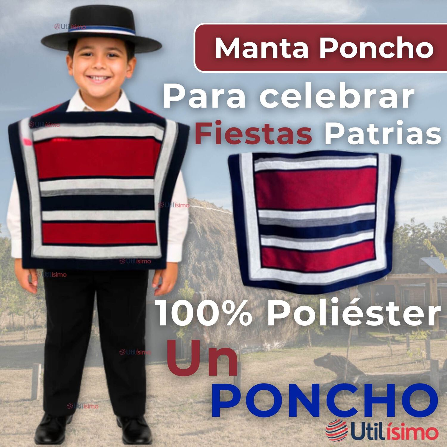 Poncho Manta Huaso Cueca Fiestas Patrias Para Ni&ntilde;os image number 1.0