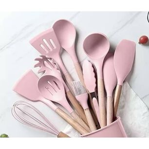 Set 12 Utensilios Cocina Mango Silicona Y Madera Reposter&iacute;a Rosa