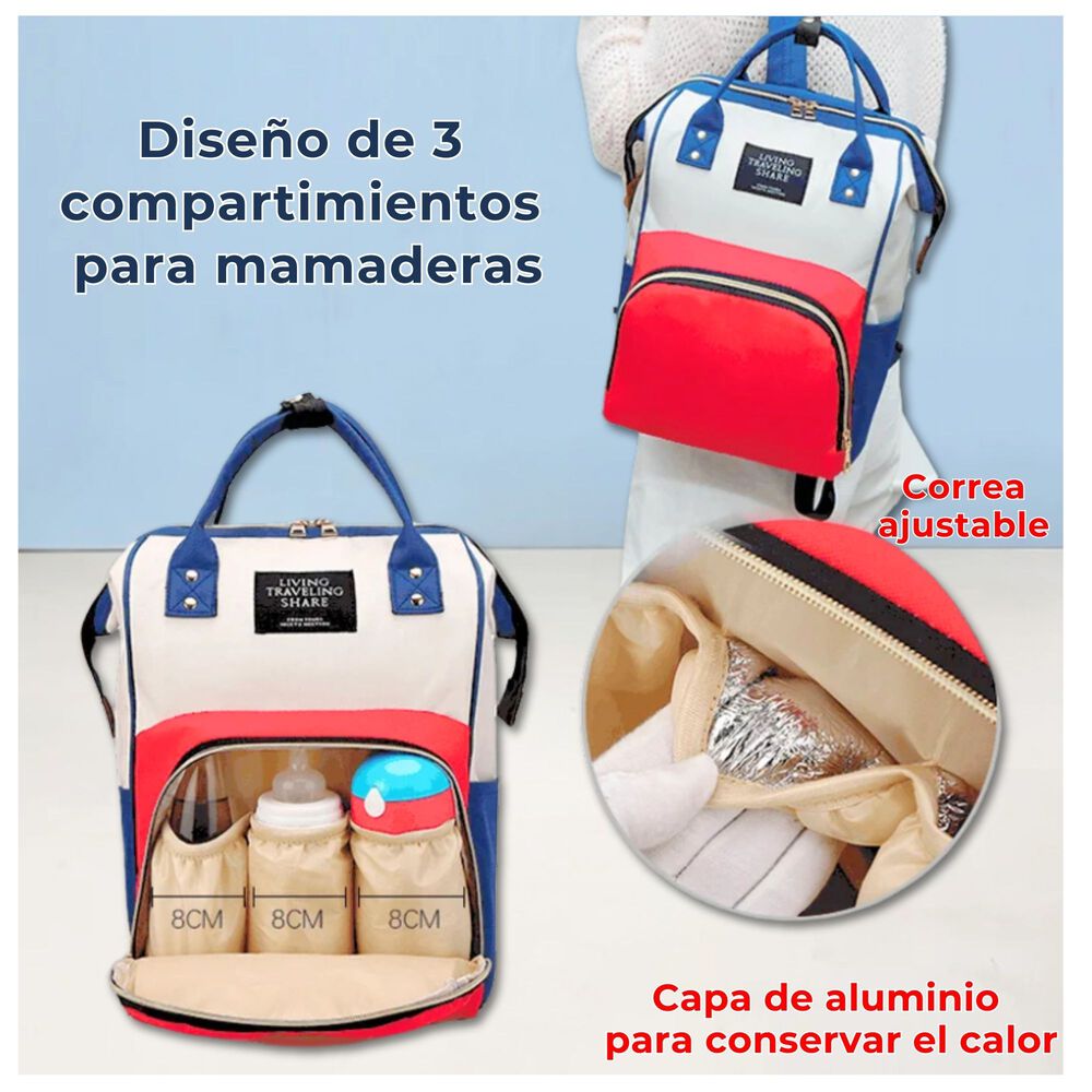 Mochila Maternal Bolso Pañalera Nylon Bebé Diseño Unicolor Térmica E Impermeable Blue Red image number 3.0