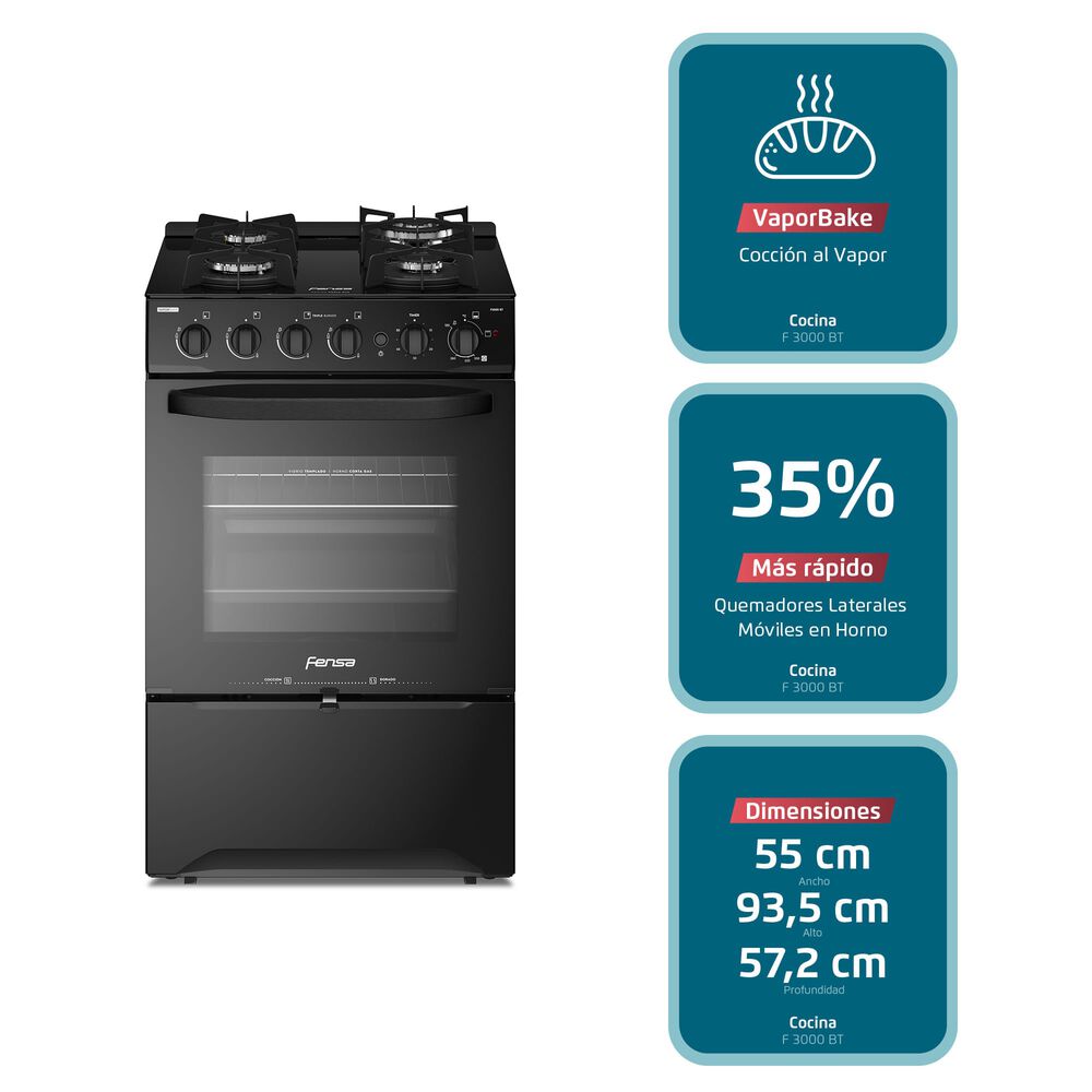 Cocina A Gas 4 Platos Fensa Cubierta Vidrio F 3000 Bt Negra image number 1.0
