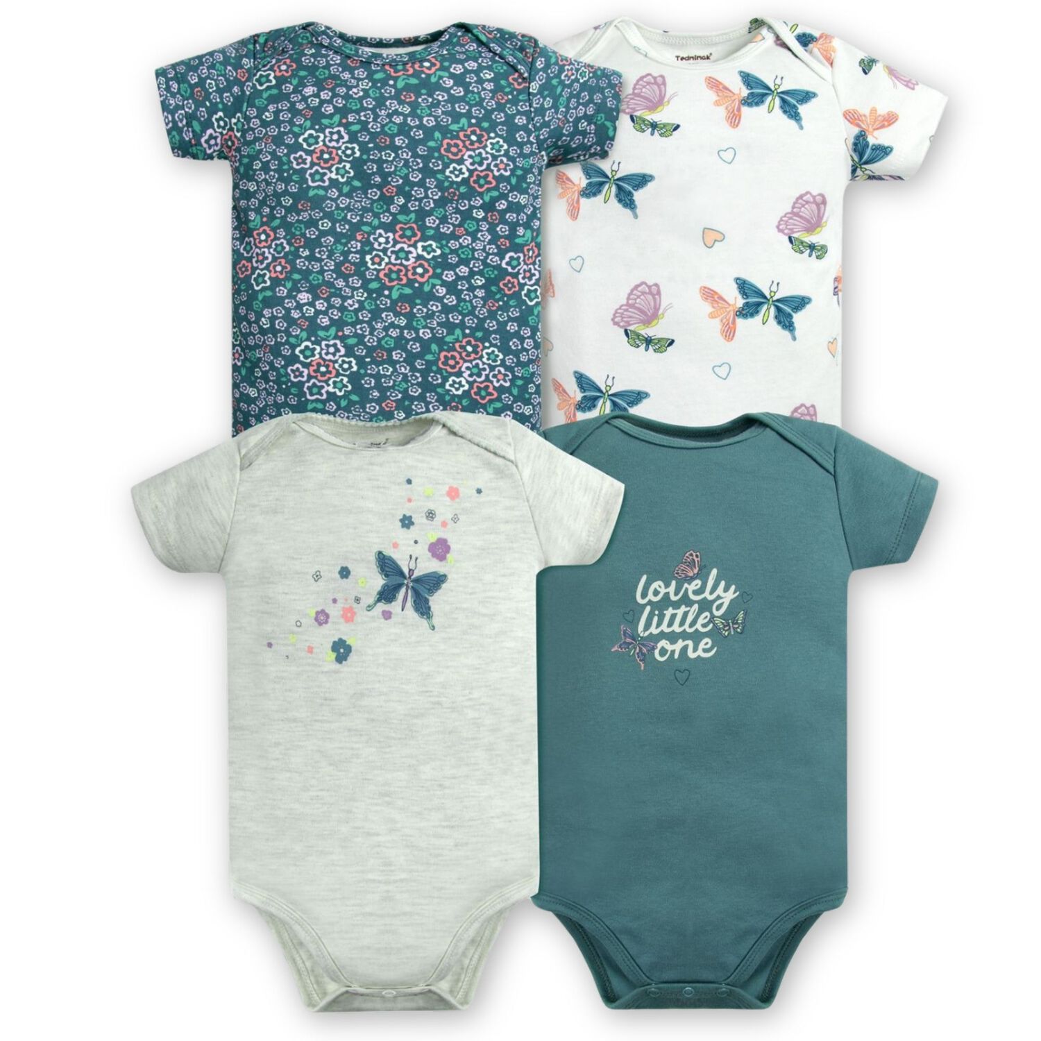 Pack 4 Bodys Niña Manga Corta Tedmimak 100% Algodón Mariposas Azul
