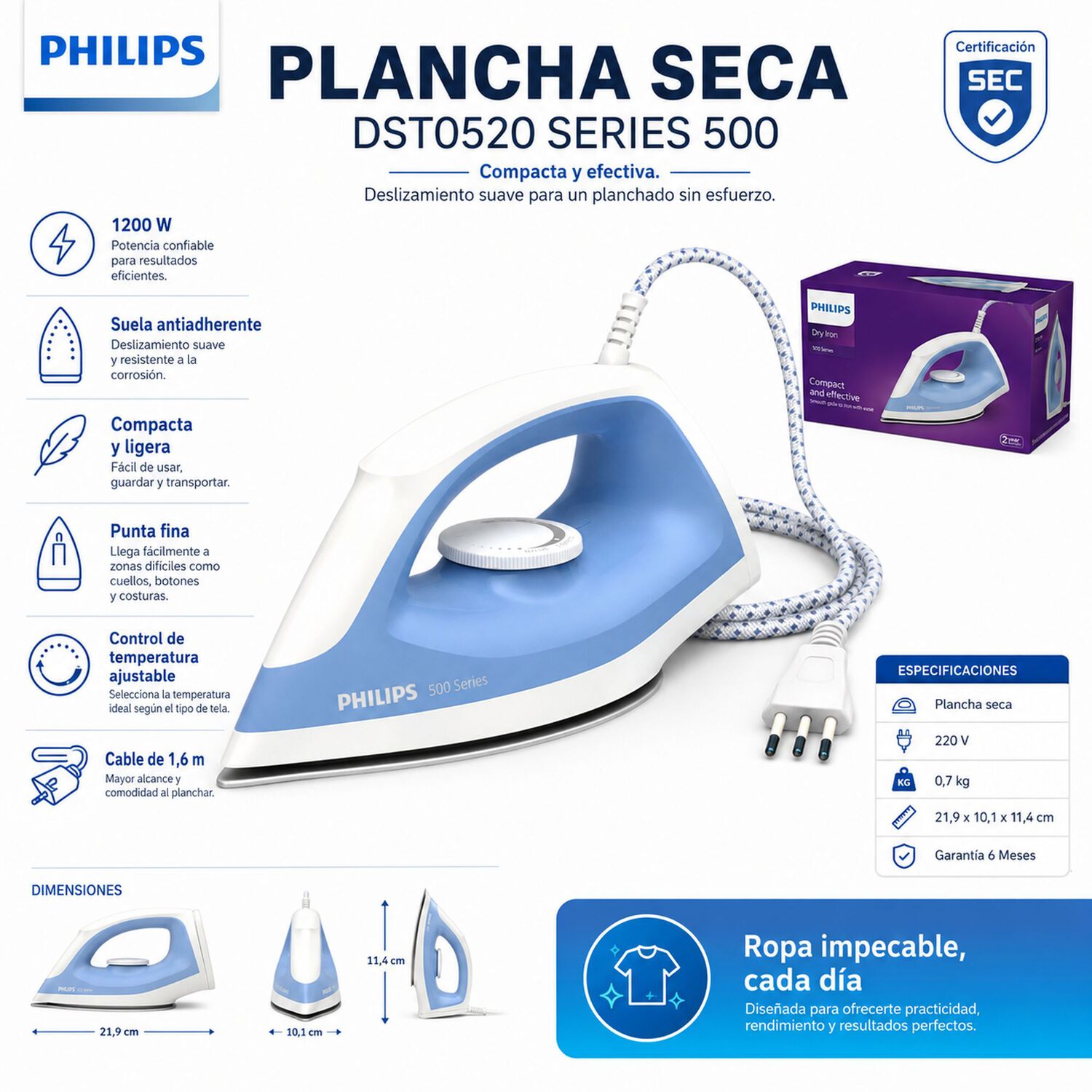 Plancha Seca Philips Dst0520 Serie 500 1200w Antiadherente image number 5.0