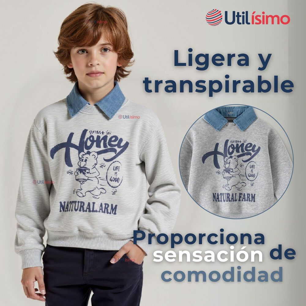 Polerón Estilo Pique Manga Larga Niño 100% Algodón Gris image number 5.0