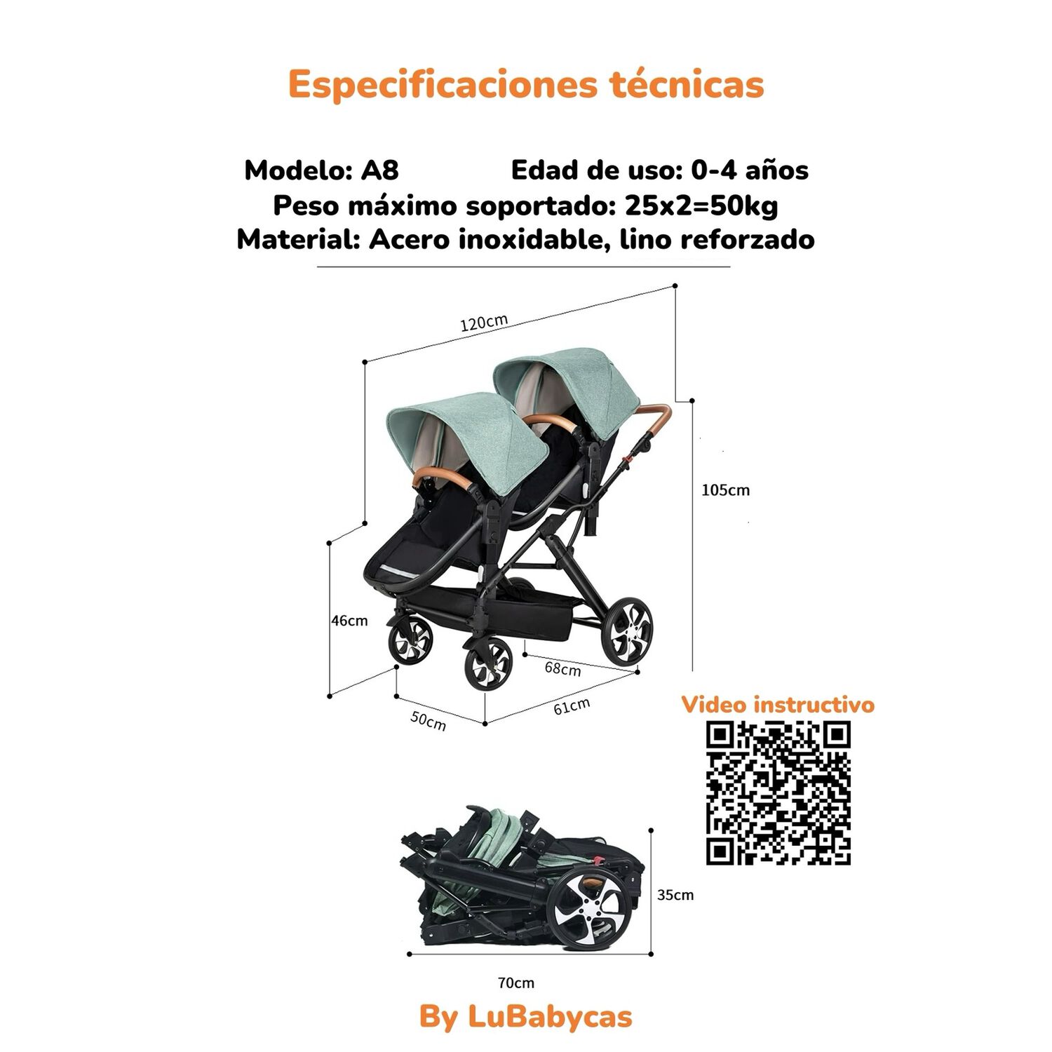 Coche Cuna Doble Multiposiciones Compacto A8 Negro Lubabycas image number 7.0