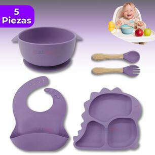 Set Alimentaci&oacute;n Silicona Beb&eacute; 5 Piezas Dinosaurio Libre Bpa Color Lila