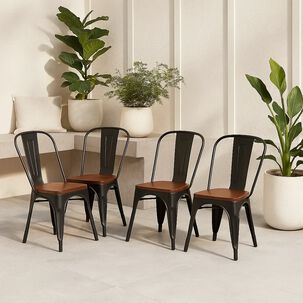 Pack De 4 Sillas Tolix Con Asiento De Madera Oscura Walnut - Negras Pack De 4 Sillas Tolix Con Asiento De Madera Oscura Walnut - Negras