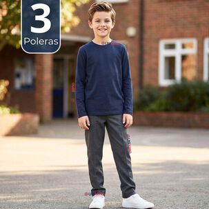 Pack 3 Poleras Camisetas Polar Azul Primera Capa Escolar Cuello Redondo Manga Larga Ni&ntilde;o