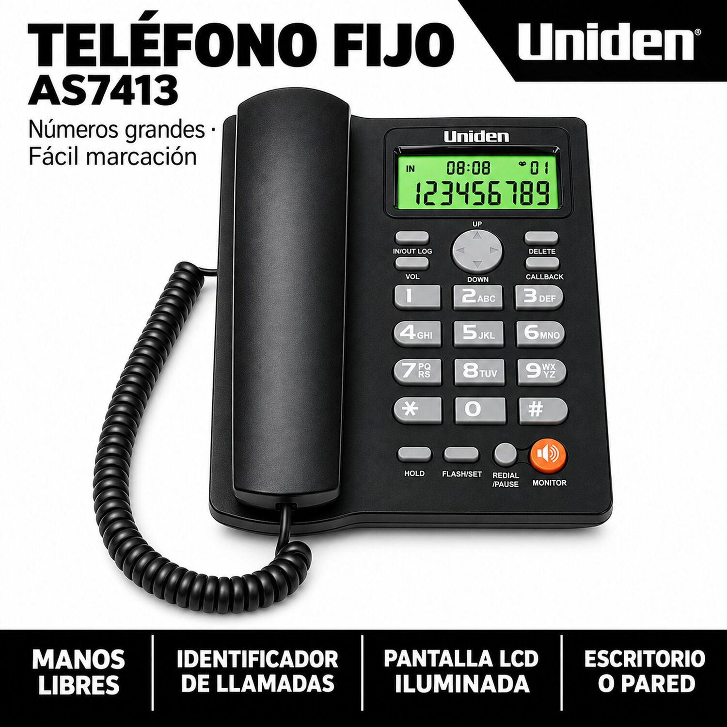 Tel&eacute;fono Uniden As7413 Manos Libres Botones Grandes Lcd image number 4.0