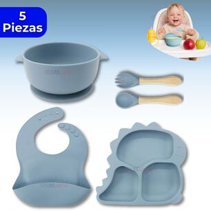 Set De Alimentaci&oacute;n Beb&eacute; Silicona 5 Piezas Dinosaurio Libre Bpa Color Celeste