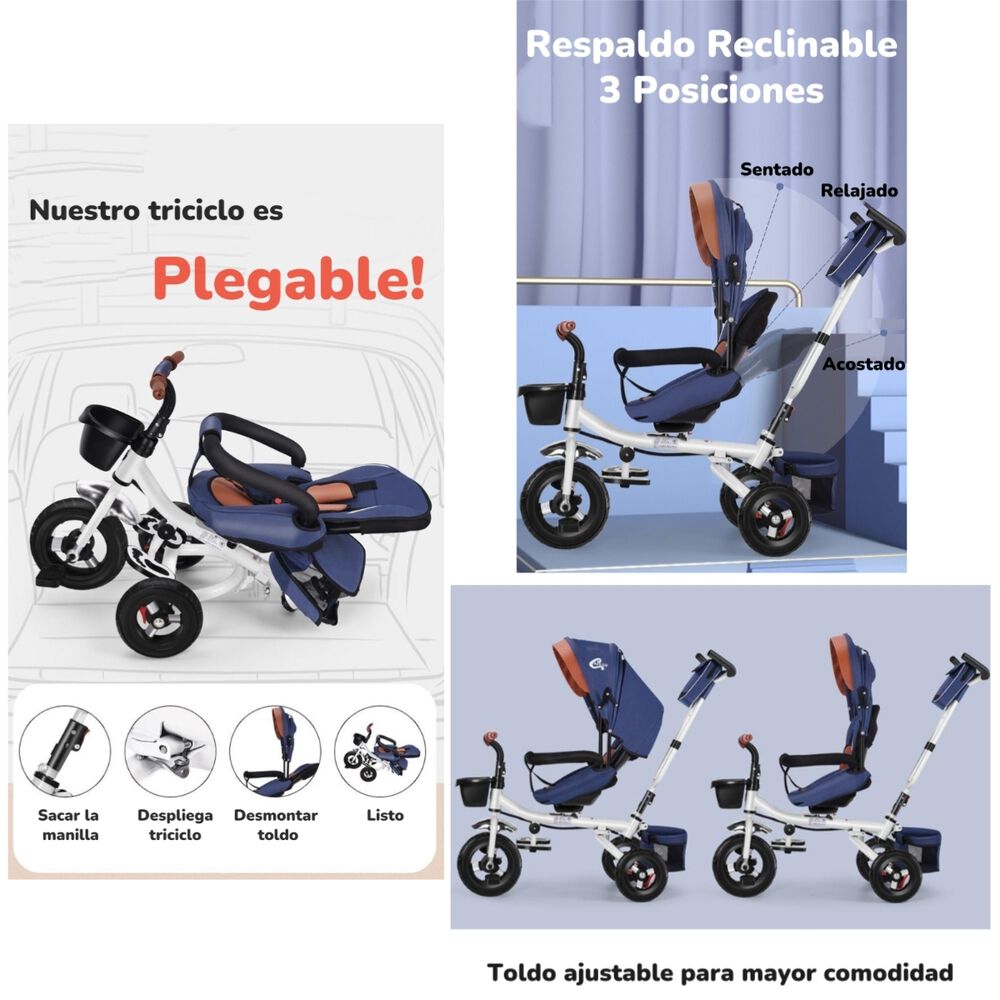 Triciclo Multifuncional Plegable Reclinable Rosado Lubabycas image number 3.0