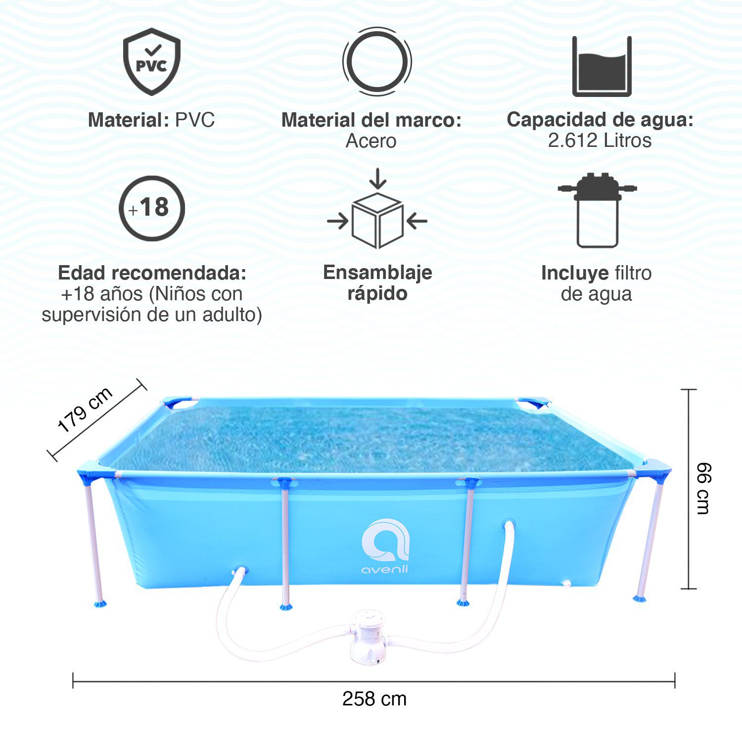 Piscina Con Filtro 2612l 66x179x258 Cm Celeste image number 2.0
