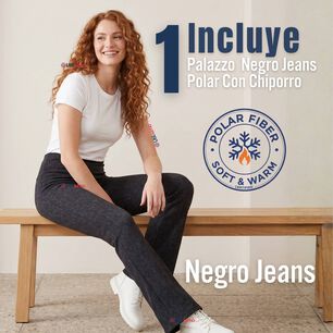 Pantal&oacute;n Polar Con Chiporro Palazzo Mujer Elasticada T&eacute;rmica Negro Jeans