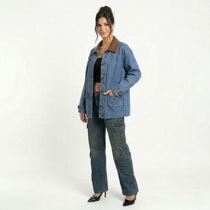 Chaqueta Denim Oversize Con Cuello Ecocuero