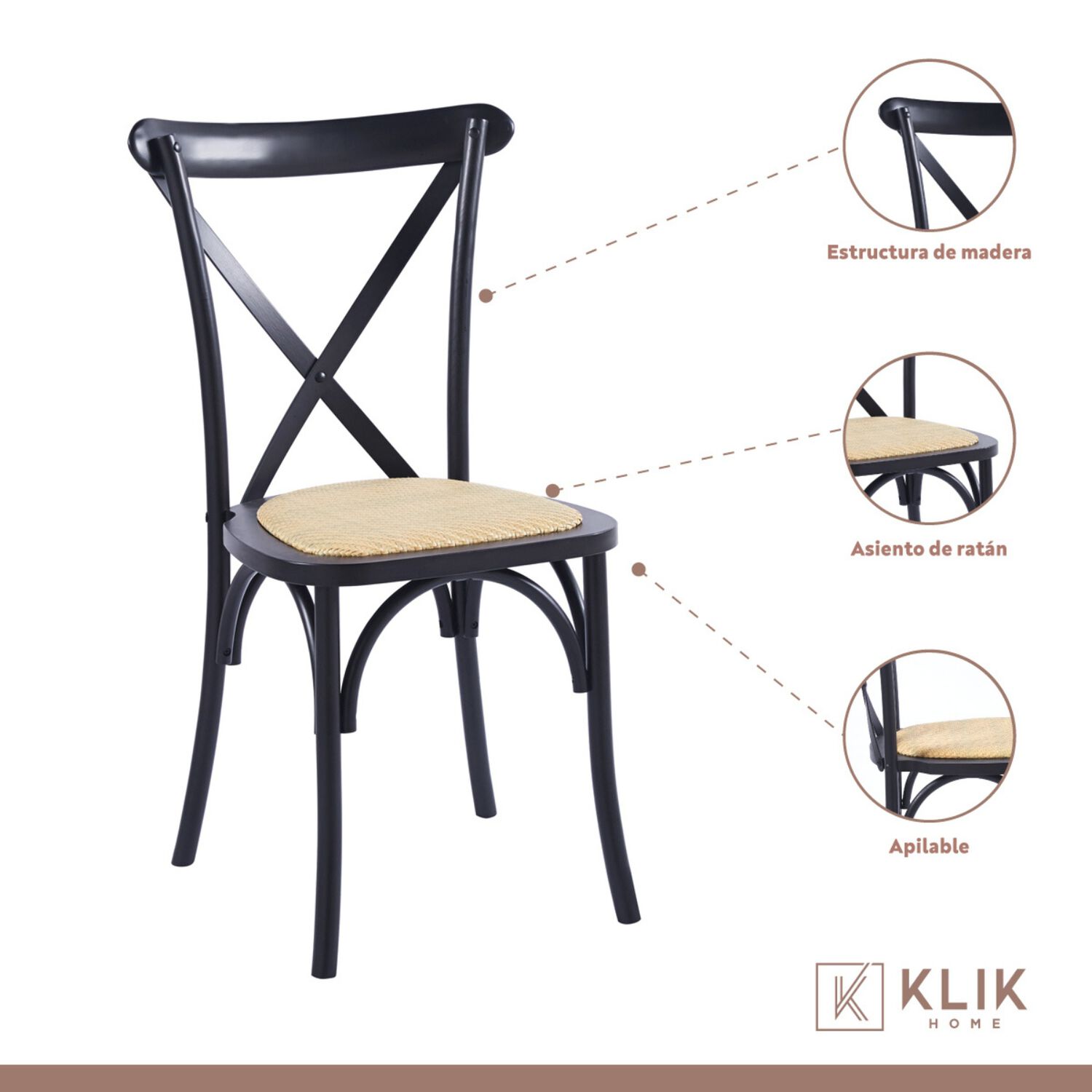 Comedor Mesa De Vidrio Cross 140x90 + 6 Sillas Crossback Madera Negras image number 3.0