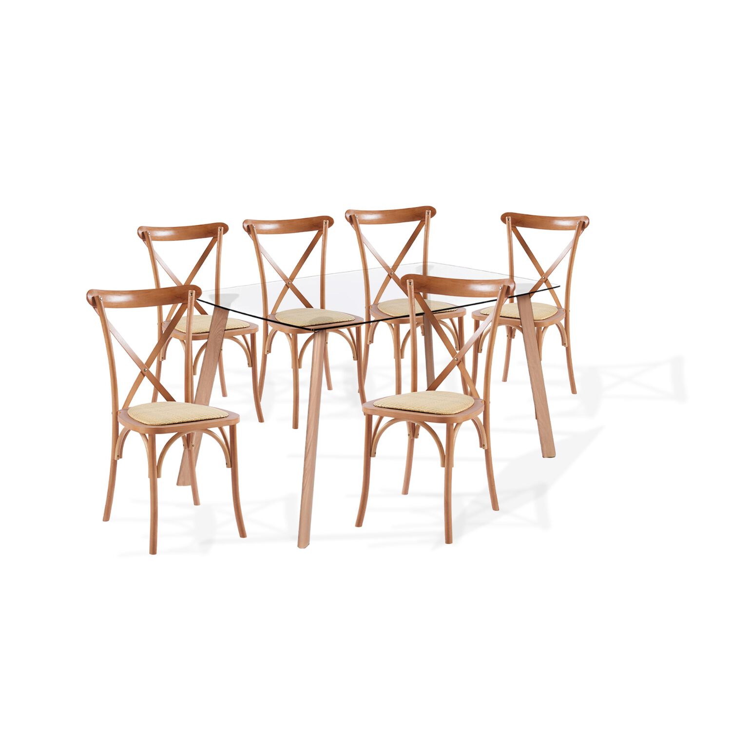 Comedor Mesa De Vidrio N&oacute;rdica 140x90 Cm + 6 Sillas Crossback Madera image number 0.0