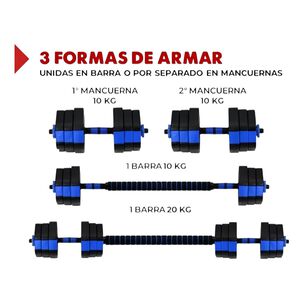 Set Mancuernas Ajustables Hexagonales 20 Kg 2en1 + Barra