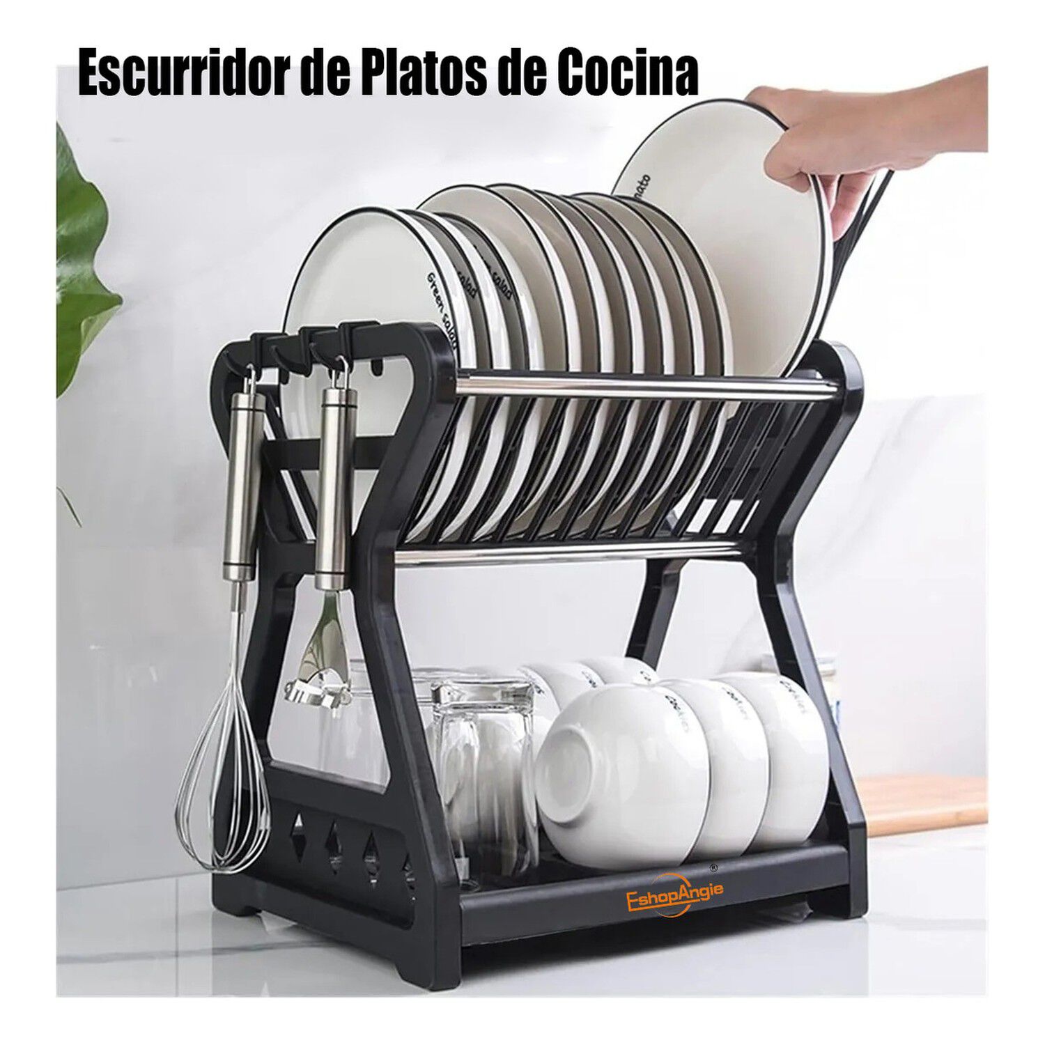 Escurridor Platos 2 Niveles Pl&aacute;stico Negro Organizador Cocina image number 1.0