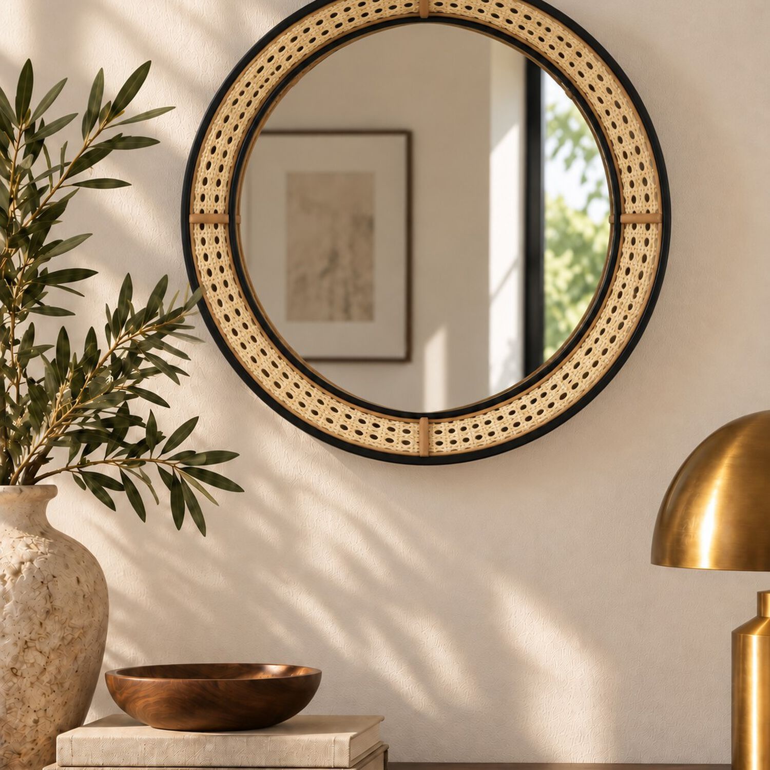 Espejo Circular De Pared Decorativo Rat&aacute;n Sint&eacute;tico Y Marco Metal Negro 45 Cm image number 4.0