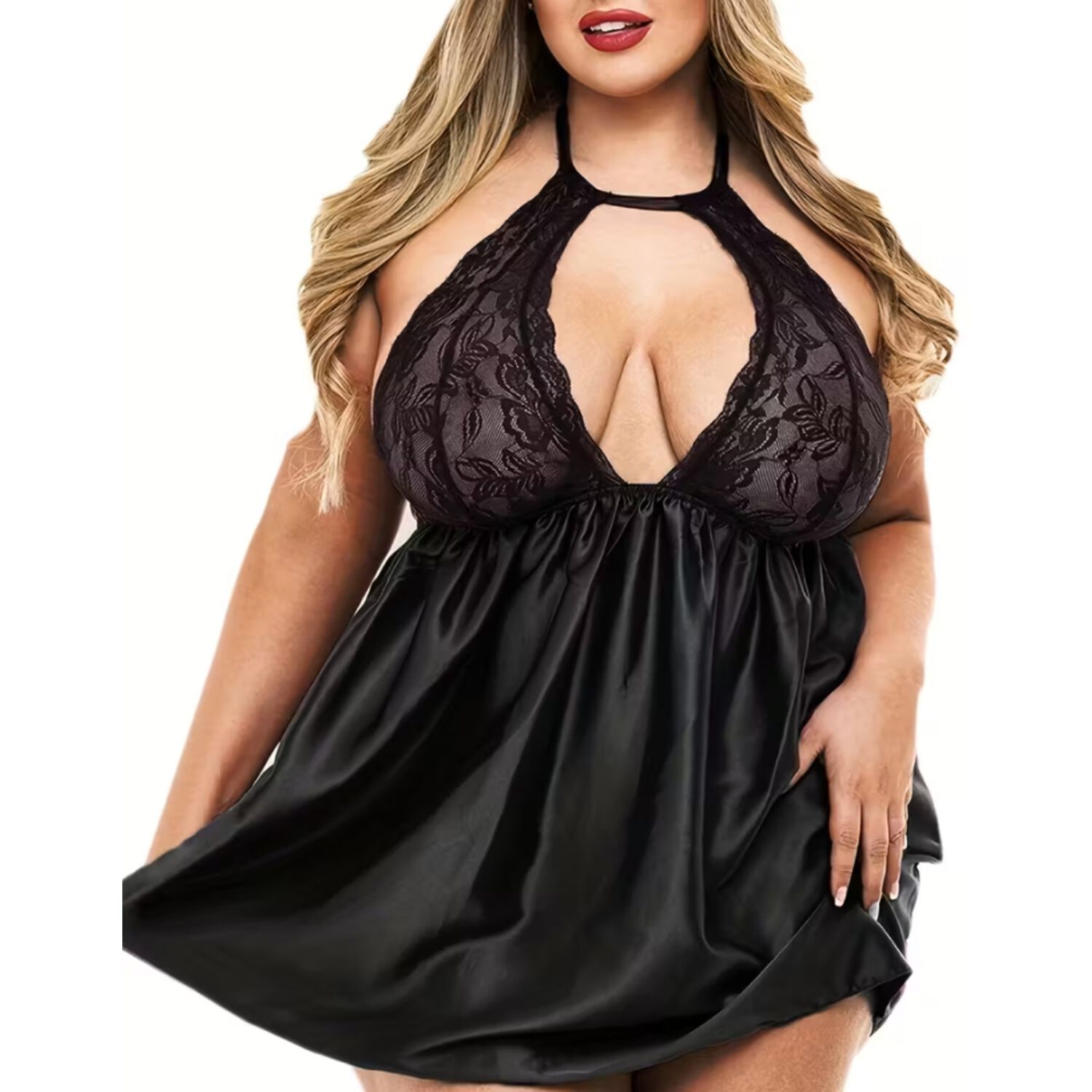 Lenceria Babydoll Encaje En Pechos Saten Tallas Grandes Sexy image number 8.0