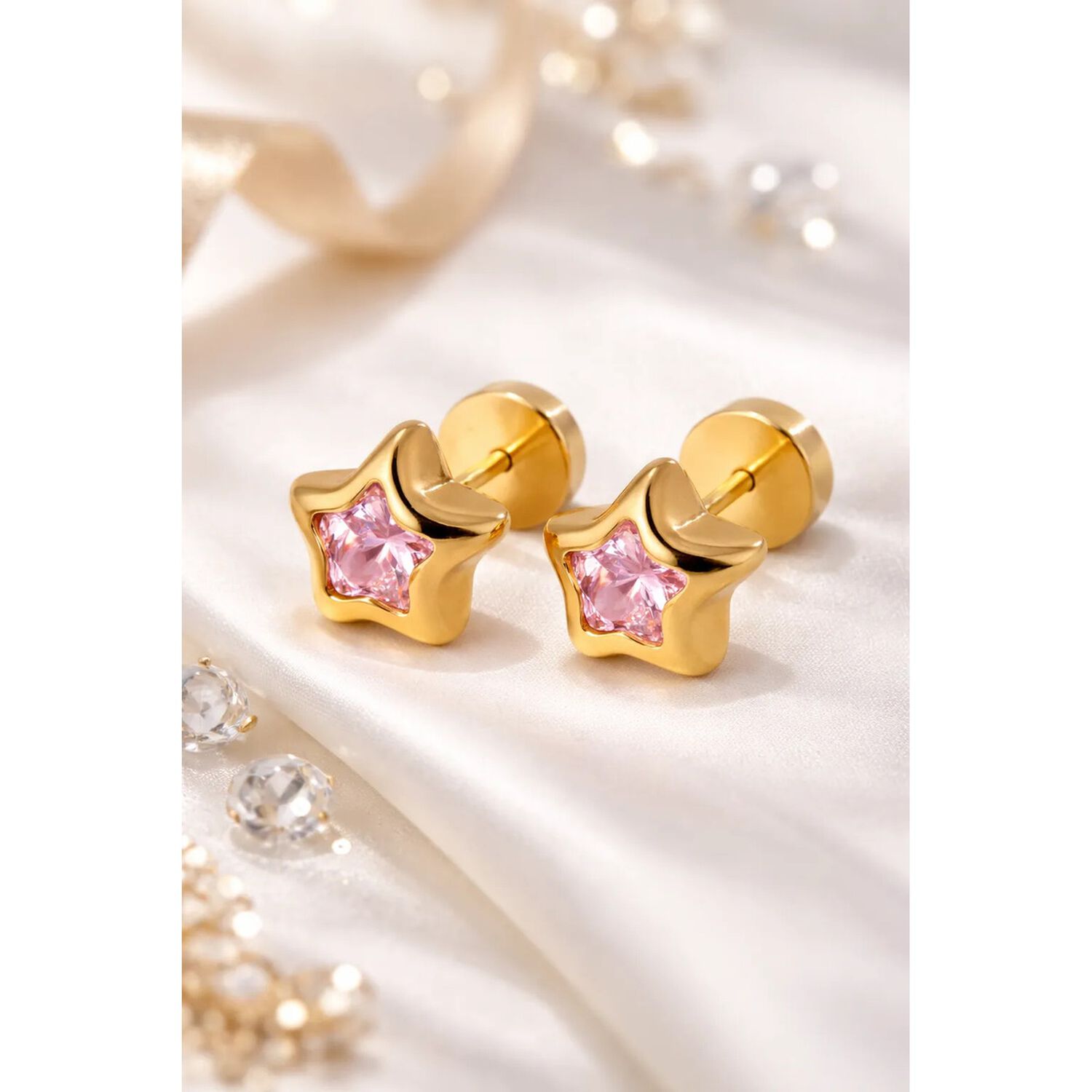 Aros Abridores Estrella 5 Puntas 7mm Oro 18k Rosado Mujer Rosa Claro image number 2.0