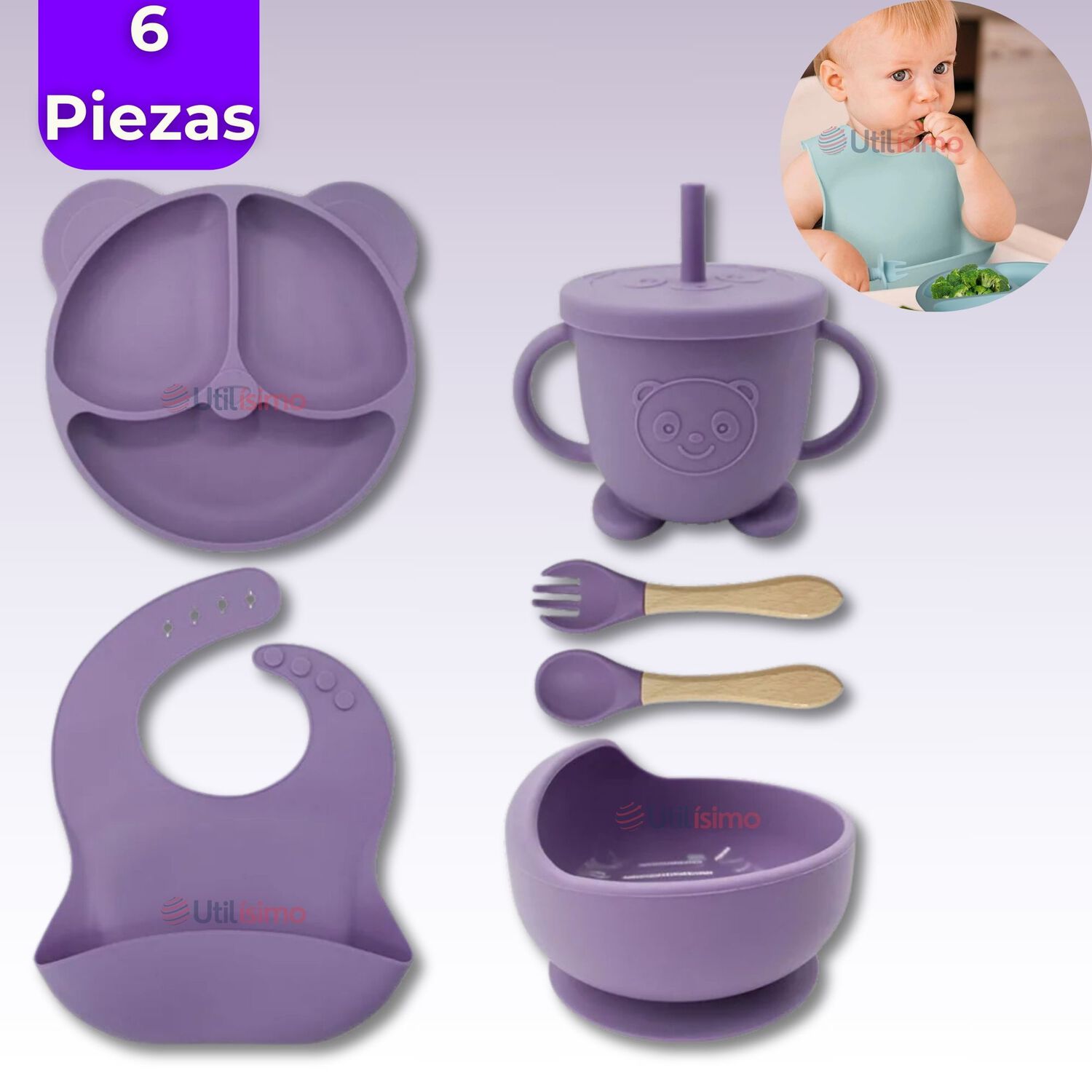 Set De Alimentaci&oacute;n Beb&eacute; Silicona De Oso 6 Piezas Libre Bpa Color Lila image number 0.0