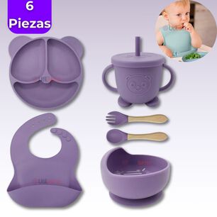Set De Alimentaci&oacute;n Beb&eacute; Silicona De Oso 6 Piezas Libre Bpa Color Lila