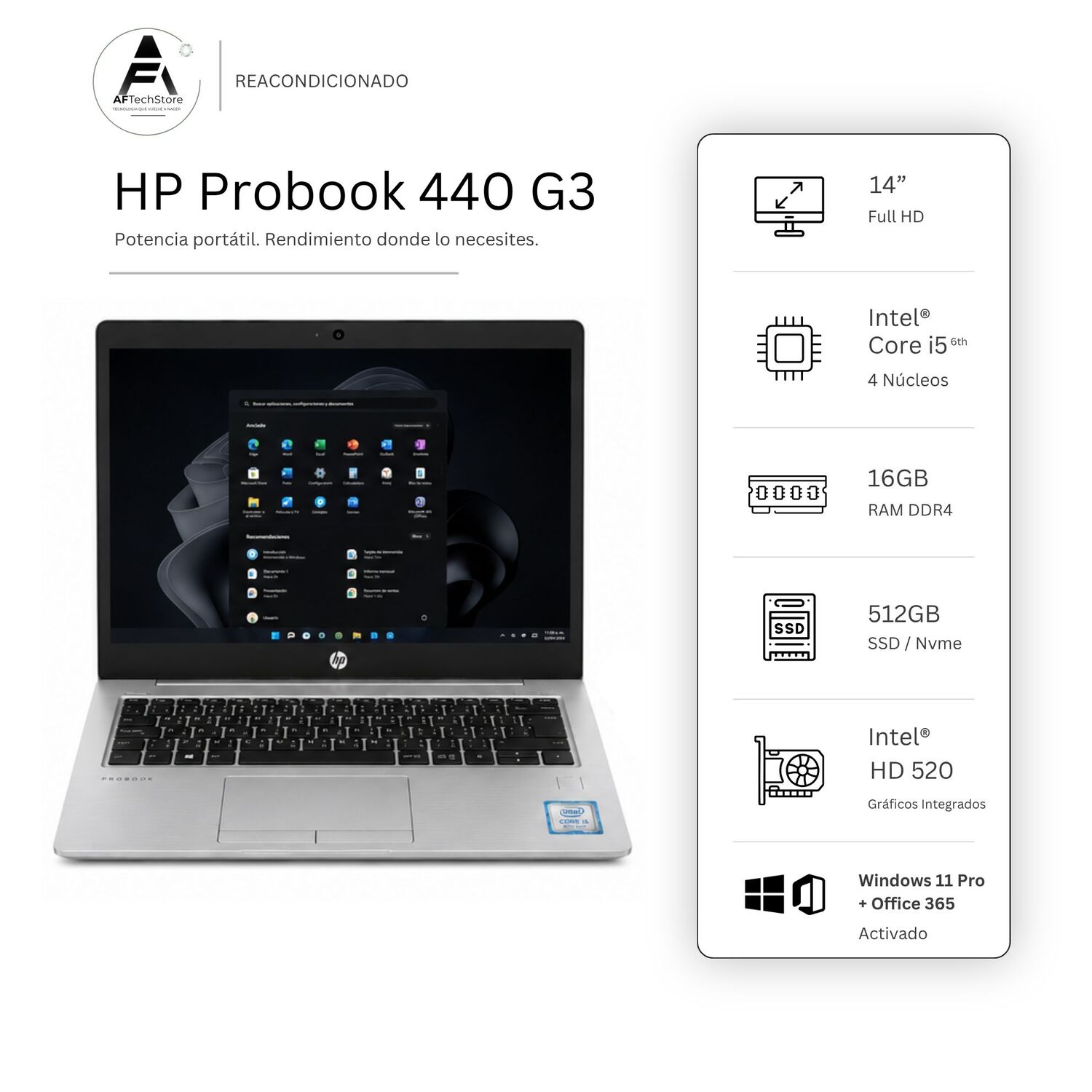 Notebook Hp 440 G3 I5 6th 16gb 512gb - Win11 Office - Reacondicionado Profesional