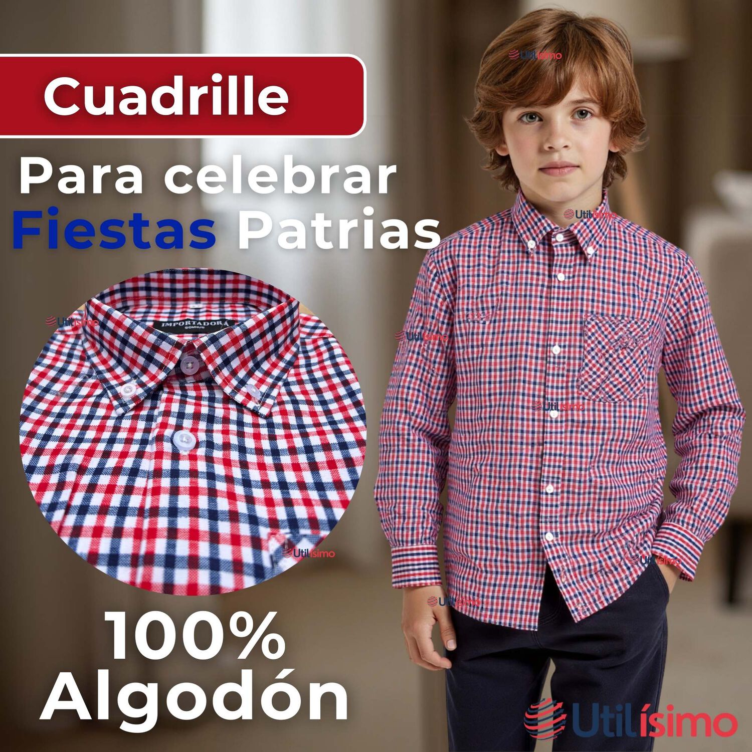 Camisa Huaso Cuadrill&eacute; Cuadro Manga Larga 100% Algod&oacute;n Azul Rojo Casual image number 1.0