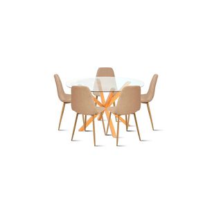 Comedor Redondo De Vidrio Cross 120cm + 5 Silla Spoon Velvet - Beige