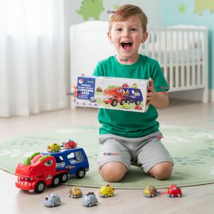 Cami&oacute;n Dinosaurio Con M&uacute;sica Luces Funci&oacute;n De Spray + 8 Mini Coches