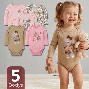 Pack 5 Bodys Manga Larga 100% Algod&oacute;n Beb&eacute; Ni&ntilde;a Sweet And Wild