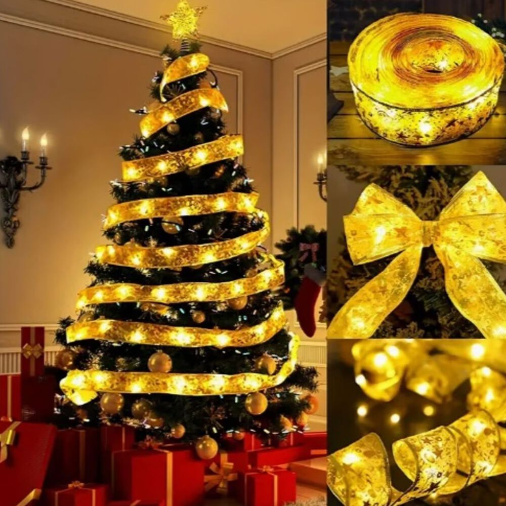 Cinta De Navidad Dorada A Pilas Con Luces Led Calida 5m image number 4.0