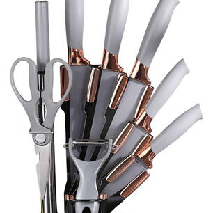 Set Cuchillos De Cocina 9 Piezas Con Base Giratoria Liso Gris