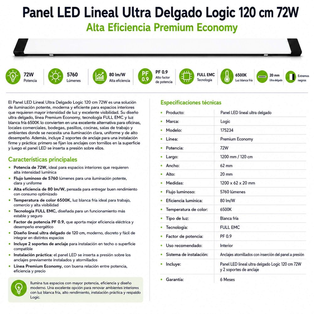 Panel Led Lineal Ultra Delgado 120 Cm 72w Alta Eficiencia image number 6.0