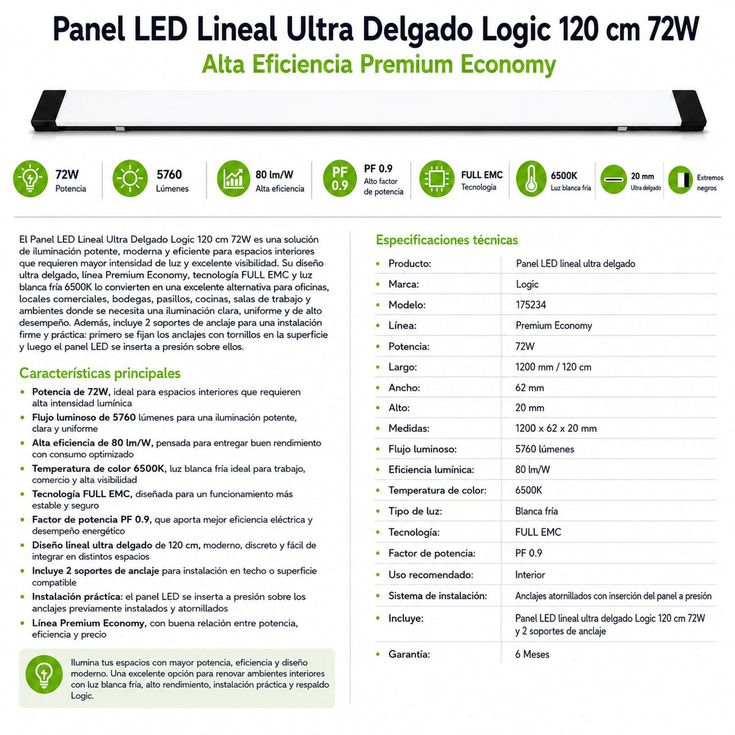Panel Led Lineal Ultra Delgado 120 Cm 72w Alta Eficiencia image number 6.0