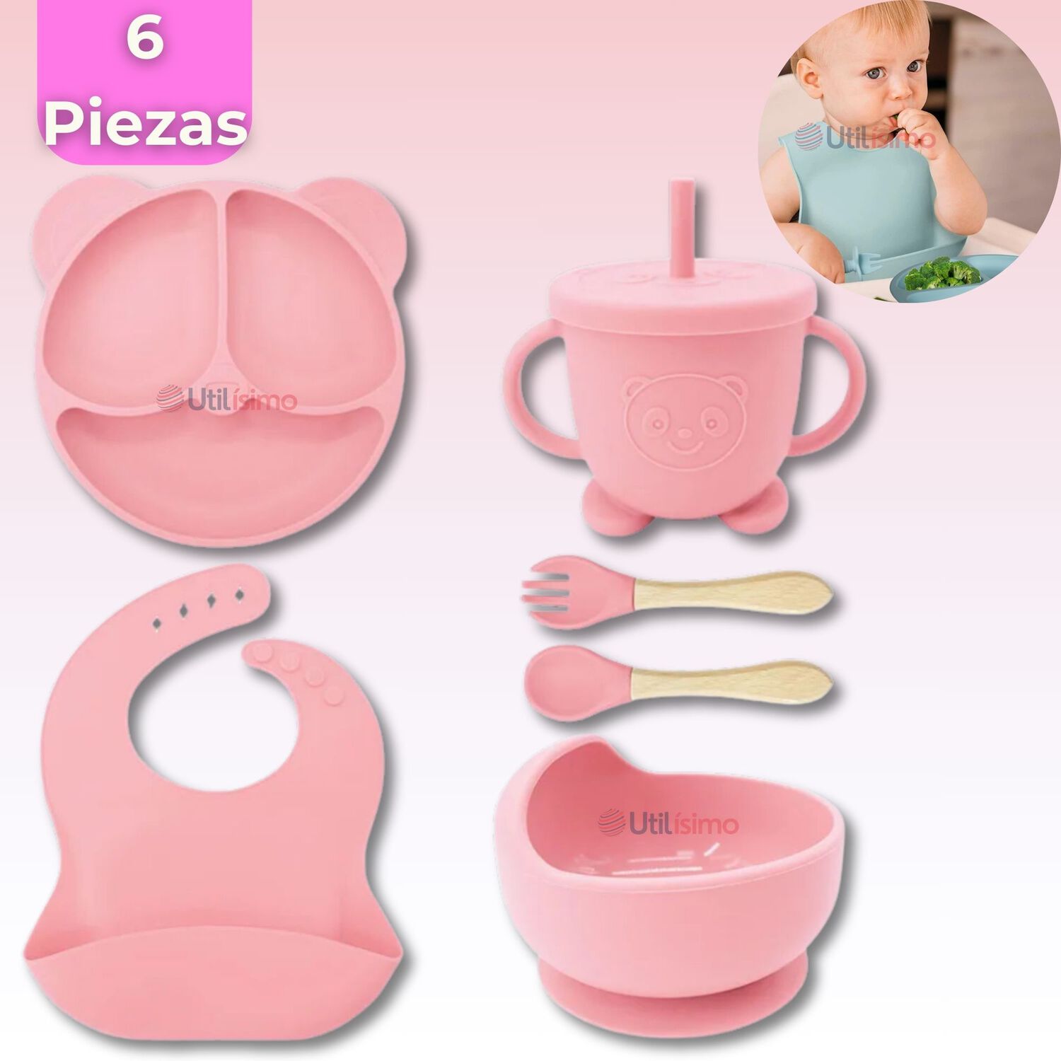 Set De Alimentaci&oacute;n Beb&eacute; Silicona De Oso 6 Piezas Libre Bpa Color Rosa Claro image number 0.0