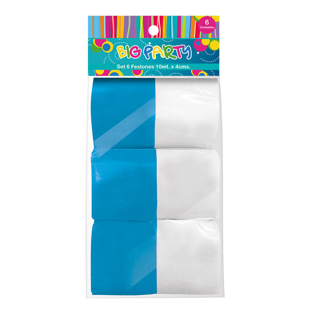 Set 6 Piezas Feston Celeste Con Blanco 10mtsx4 Cm Big Party image number 0.0