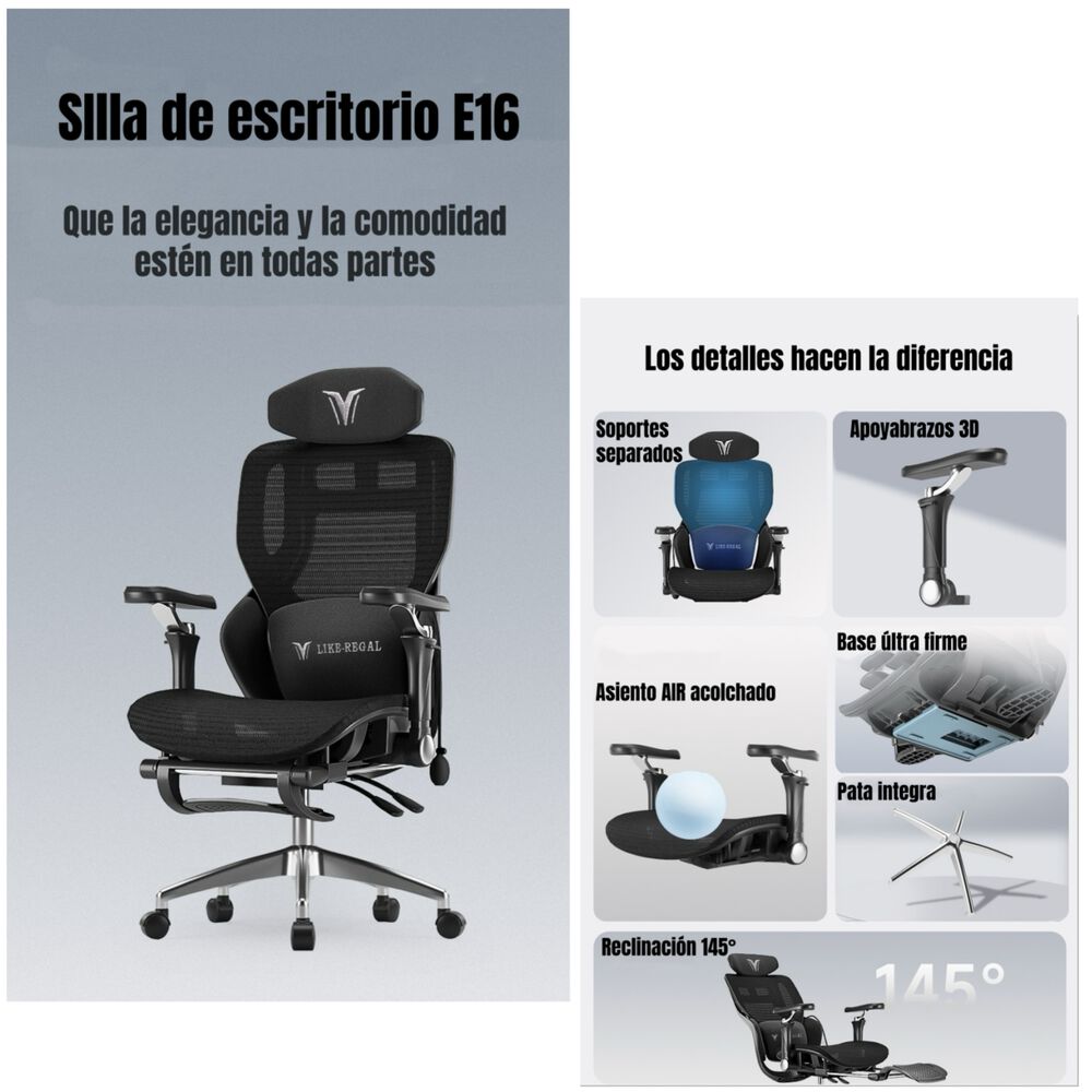 Silla De Escritorio Reclinable Con Reposapies E16 Negra image number 1.0