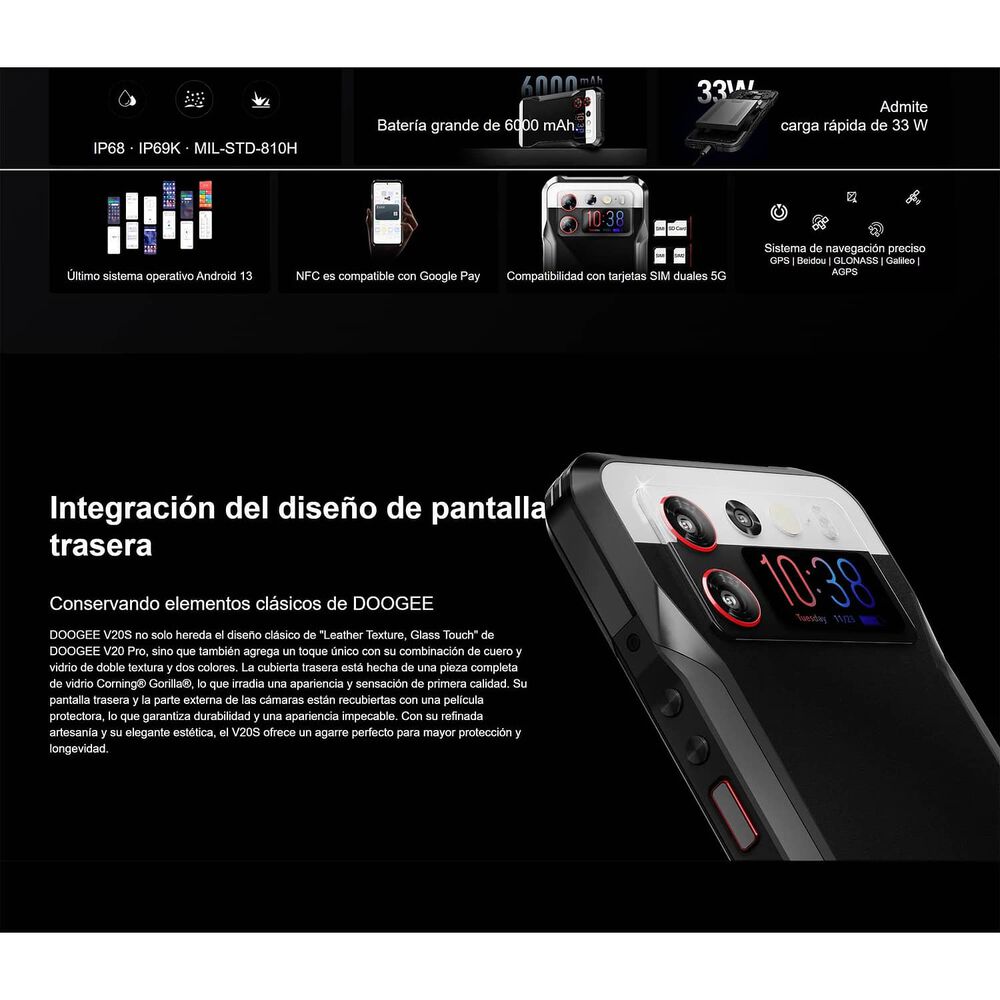 Celular Rugged Doogee V20s Resistente A Golpes, Polvo, Humedad Y Agua / C&aacute;mara Con Visi&oacute;n Nocturna, Carcasa Con Soporte Regalo, Pantalla Amoled, Negro image number 3.0