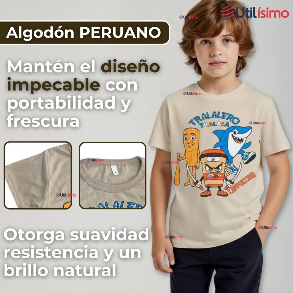 Polera Brainrots 100% Algodón Manga Corta Niño Tralalero Beige image number 1.0