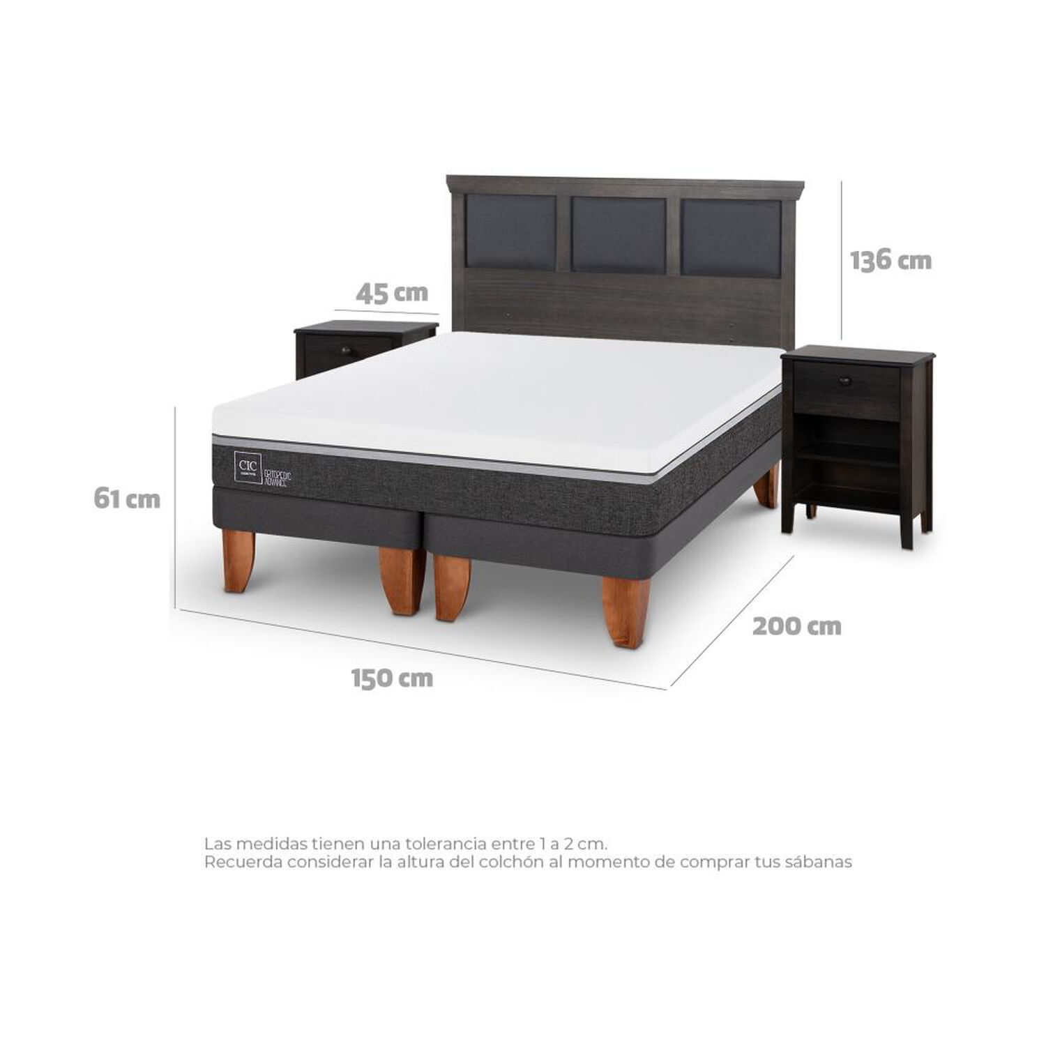 Cama Europea Cic Ortopedic Advance / 2 Plazas / Base Dividida + Set De Maderas image number 3.0