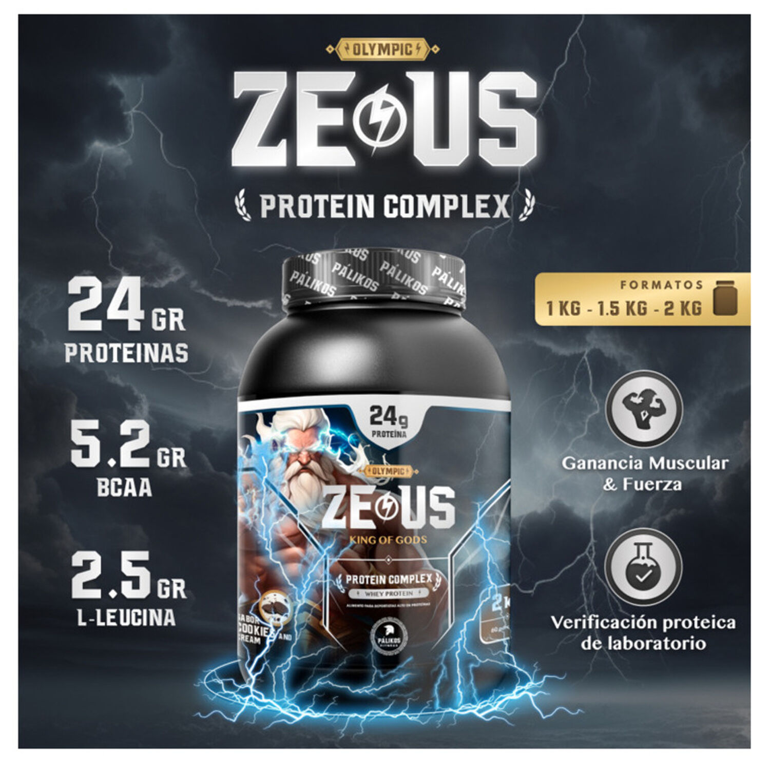 Proteina Zeus Complex 1kg (sabor Cappuccino) + Creatina Apolo 300g + Shaker image number 1.0