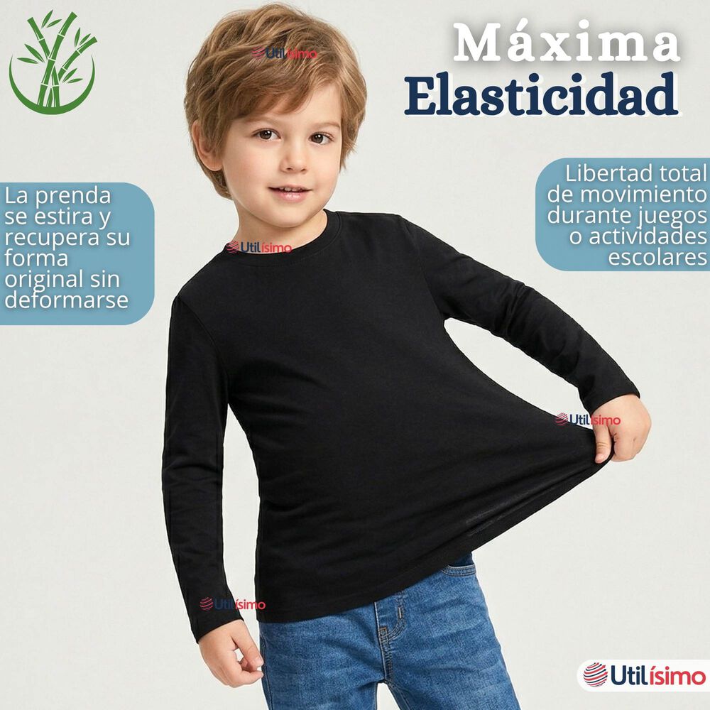 Polera Camiseta Bamb&uacute; Negra Cuello Redondo Primera Capa Manga Larga Ni&ntilde;o image number 4.0