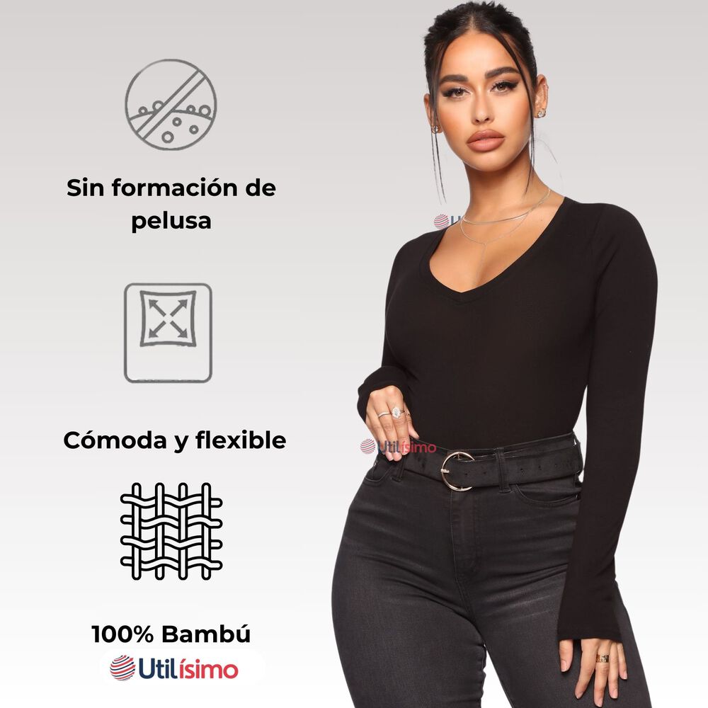 Camiseta Manga Larga Cuello V Bamb&uacute; Mujer Primera Capa Blanco Y Negro image number 5.0