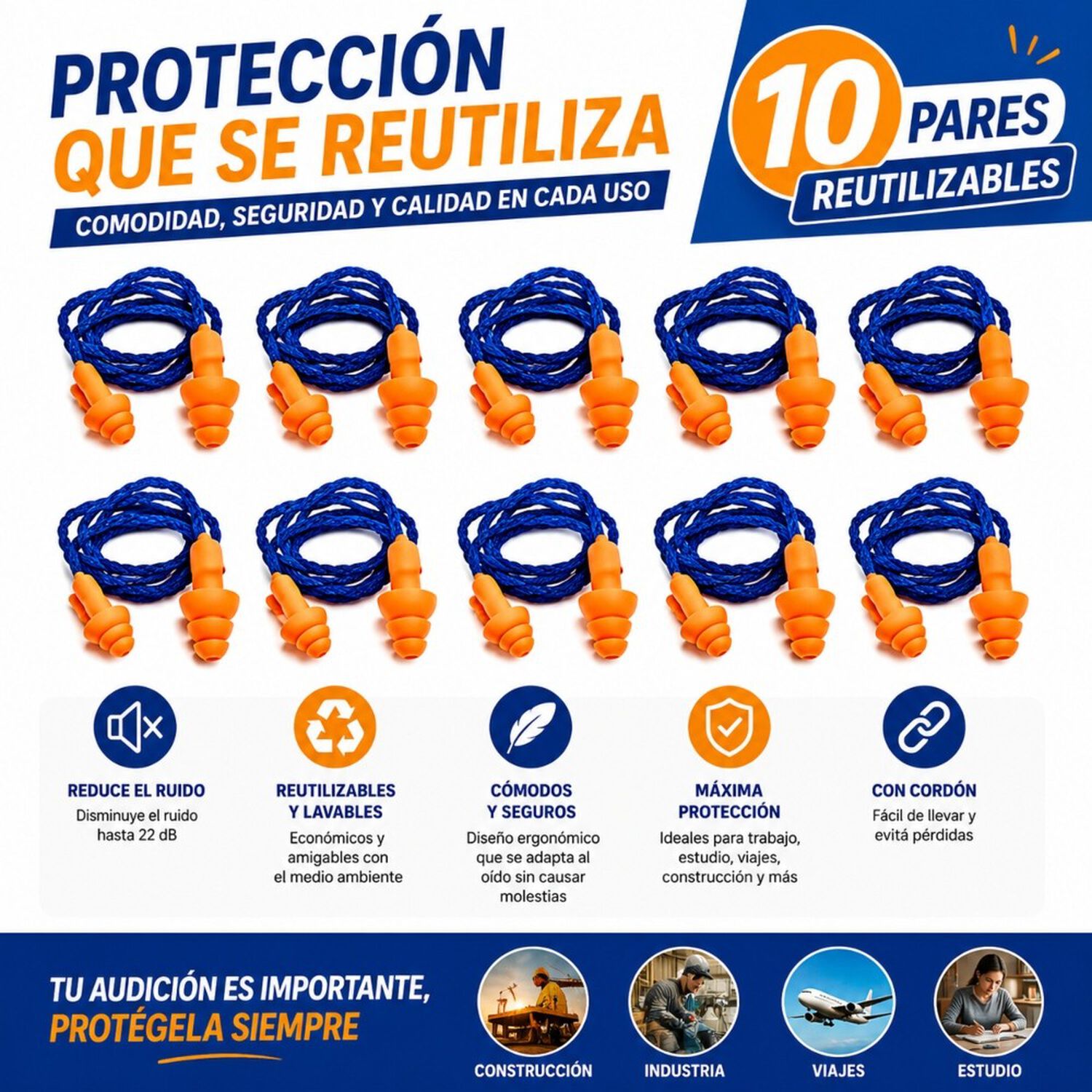 Tapon Auditivo Daumer Reutilizable (10 Pares) Con Cordon image number 1.0