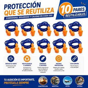 Tapon Auditivo Daumer Reutilizable (10 Pares) Con Cordon